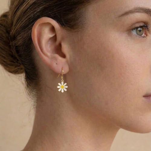Image of SLUYNZ 925 Sterling Silver White Flower Dangle Earrings for Women Teen Girls Daisy Flower Drop Earrings Summer Spring