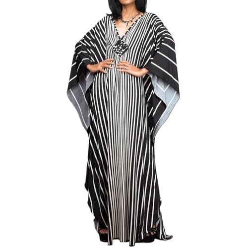 Bsubseach Women Ethnic Print Kaftan Beach Dress Plus Size Swimsuit Cover Up Black White Stripe