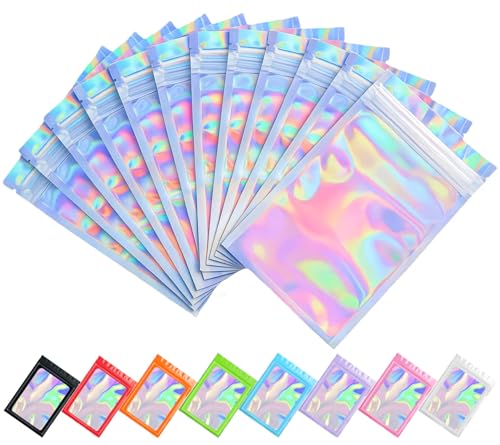 Plaphy Lot de 100 Pochons Zip Holographiques Refermables, Sachets Zip Hermétiques Revêtus...