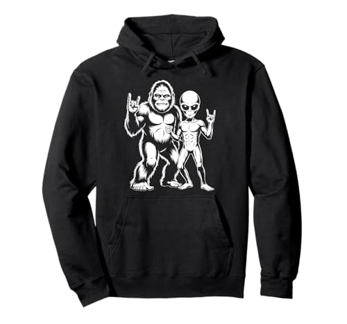 Sasquatch And Alien Rock Hand Paranormal UFO Pullover Hoodie