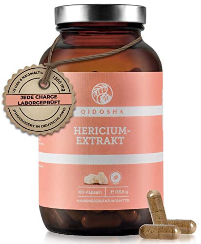 QIDOSHA® Hericium Erinaceus 30:1 Extrakt Kapseln hochdosiert, 180 Stk, 1300 mg Hericium Vitalpilz Extrakt pro Tagesdosis, Premium-Dual-Extrakt,...