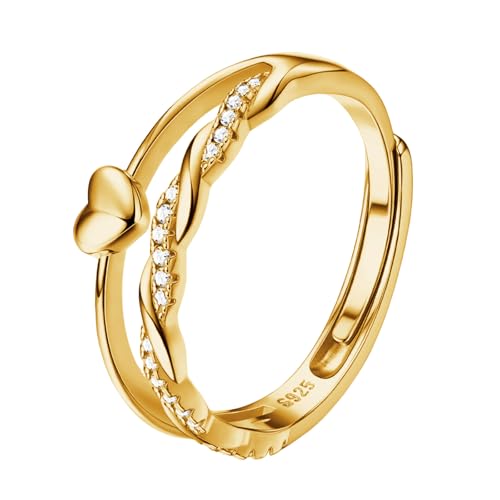 HEEYA Ringe Gold Silber 925 f&uuml;r Damen 14K Vergoldet Herzring Stapeln Daumenring Verstellbarer Eheringe Crossover Ring mit 5A Zirkonia Ewigkeit Verlobungsring Engagement Promise Ring Frauen Geschenk