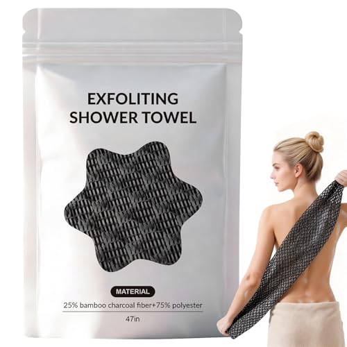 ICYSHIMER Blissal Exfoliating Shower Towel 2-in-1 Exfoliating Microfiber Towel Deep Exfoliating 2 Sides Shower Towel Premium Scrub Wash Cloth for All Body Skin Types Woman and Men (Black)