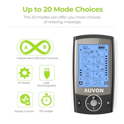 Image of AUVON Dual Channel TENS Unit Muscle Stimulator Machine with 20 Modes, 2 inch and 2 inchx4 inch TENS Unit Electrode Pads (Black)