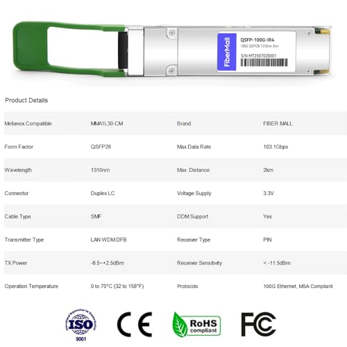 Image of 100G QSFP28 CWDM4 for Mellanox MMA1L30-CM, 100GBASE-CWDM4,QSFP28 Optical Transceiver Module 1310nm 2km LC SMF DOM