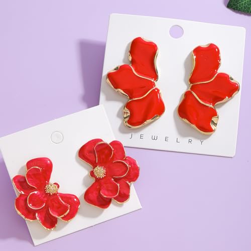 2 Pairs of Red Flower Petal Dangle Earrings for Women, Unique Irregular Floral Design Earrings, Cute Trendy Jewelry Set for Party Wedding Gift4