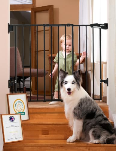 Babelio 66-109 CM Auto Close Baby/Dog Gate for Stairs 2-in-1 Easy Swing Doorway and Hallway Pet Gate with Extra-Wide Walk Thru Door and Threshold-Free Design Iron Black