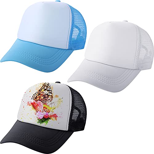 Geyoga 3 Pieces Sublimation Trucker Hat Sublimation Blank Mesh Hat Adjustable Sublimation Blank Polyester Mesh Cap (Black and White, Blue and White, White)