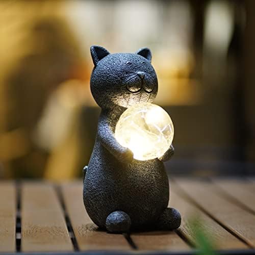 Yeomoo Solar Katze Gartenfigur Deko mit LED-Glaskugel Gartendeko für Aussen | Lächelnde Katzenfigur mit Solarlampen - Niedliche Geschenke für Frauen Tierliebhaber Wasserdicht Garte
