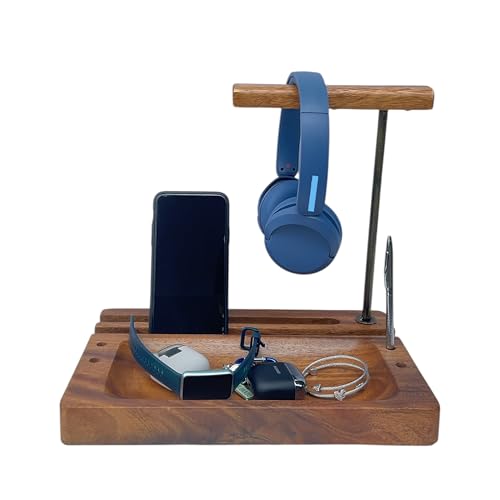 Headphone, iPad, Tablet & Cell Phone Stand Holder with Desk Organizer – Solid Acacia Wood, 1.5