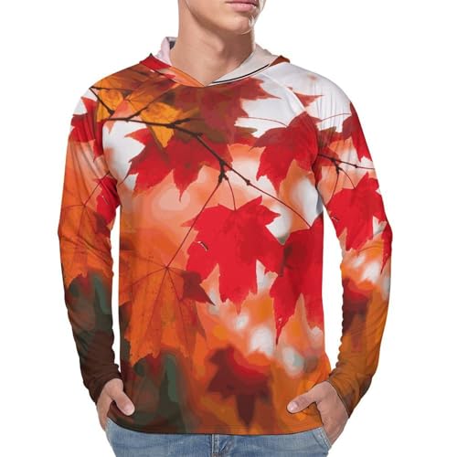 Mens UPF 50+ Sun Protection Hoodie Rash Guard Long Sleeve Sun Shirt Hiking Autumn Fall Red Maple Leaves Fishing Hoodie-4