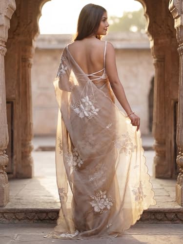 Image of AKHILAM Women's Shimmer Pure Georgette Embroidered Ready To Wear one Minute Saree With Unstitched Blouse Piece