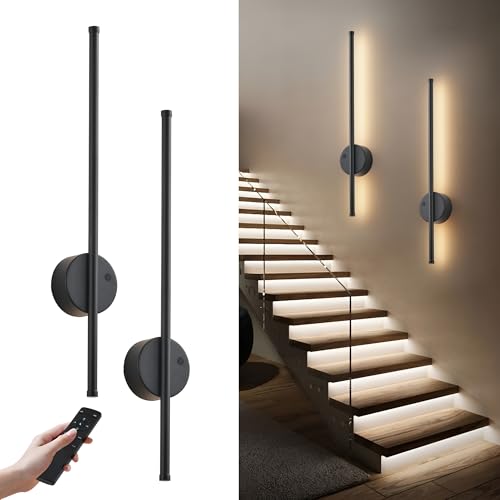 Image of KARTOOSH Black Battery Operated Wall Sconce Set of Two with Motion Sensor | Rechargeable Wireless Wall Lights with Remote Control, Dimmable, 3000K /4000K /6000K, Timer for Living Room, Hallway, 23.6 Inch