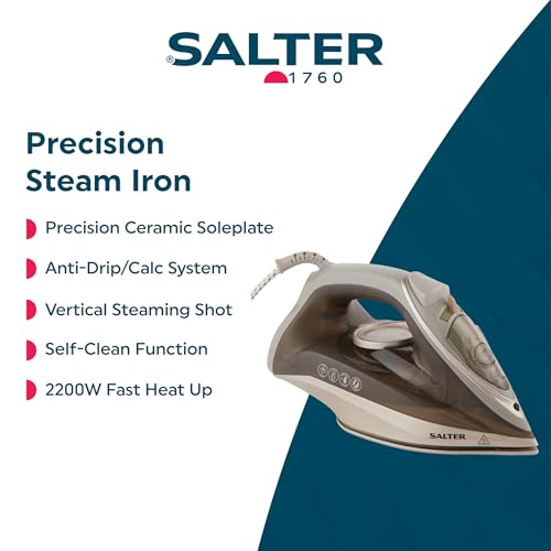 Salter SAL01480 Steam Iron – Precision Tip Ceramic Soleplate, Fast Heat Up, Easy Grip Comfort Ironing, Anti Drip/Calc, Self-Clean Function, Variable Temperature, Vertical Steaming Shot, 230ml, 2200W