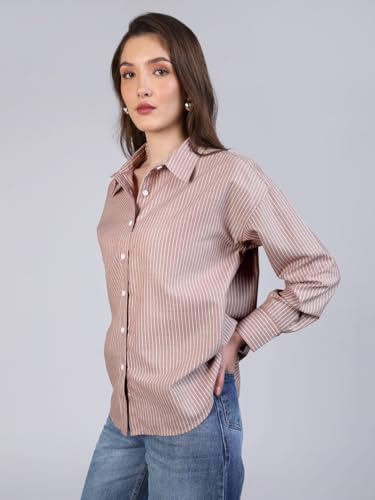 Image of Urbano Fashion Women's Cotton Full Sleeve Oversized Fit Casual Striped Shirt with Spread Collar
