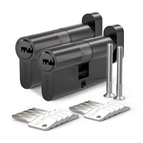 Bwintech FY04 2 pieces 30T/30 mm Euro brass cylinder, 60 mm rotary knob/key cylinder lock with 5 horizontal brass keys, anti-picking, anti-drilling, anti-snap, anti-bumping, black surface