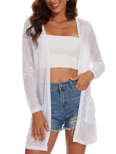 Image of Spicy Sandia Women's Lightweight Sheer Cardigans with Pockets Kimono Cover Up for Summer