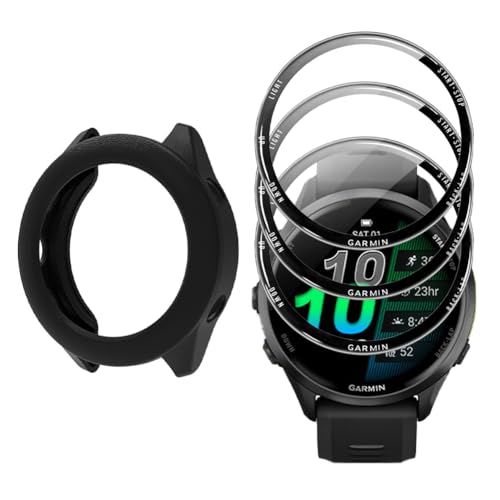Watch Screen Protector (3+1Pack) Compatible for Garmin Forerunner 970 Full Coverage 3D Curved Edge Frame PET Film Anti-Scratch High Definition and TPU Protective Case (black)
