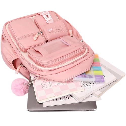 Image of MATMO Multi-Pocket Girls Boys School Backpack Kids Student Bookbag Travel Daypack (Pink with White)