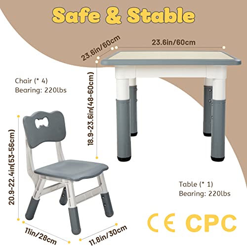 Image of FUNLIO Kids Table and 4 Chairs Set, Height Adjustable Toddler Table and Chair Set for Ages 3-8, Easy to Wipe Arts & Crafts Table, for Classrooms /Daycares /Homes, CPC & CE Approved (5-Piece Set) - Gray