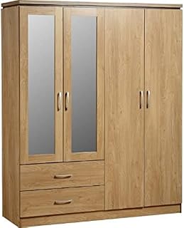 Seconique Charles 4 Door 2 Drawer Mirrored Wardrobe, Oak Effect with Walnut Trim