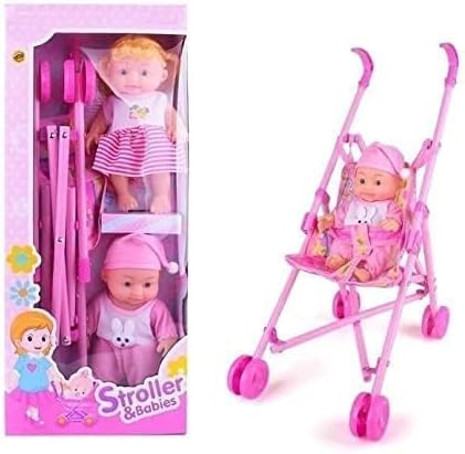 Kids Stroller Baby Doll Toy with Real Moving Stroller, 2 Dolls, Easily Foldable Baby Pram Trolley for Girls, 55 cm Pink
