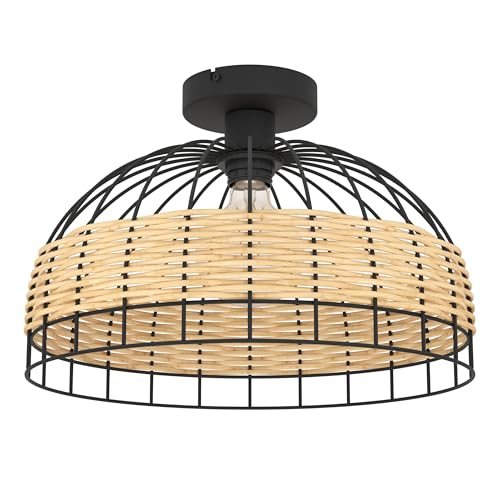 EGLO Deckenlampe Anwick, 1 flammige Deckenleuchte Vintage, Boho, Wohnzimmerlampe aus Stahl und Rattan in Schwarz, Natur, Küchenlampe, Flurlampe Decke mit E27 Fassung