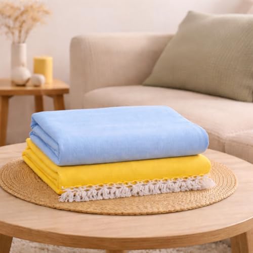 Image of OKTIC Bhagalpuri Chadar Original Combo Pack Set of 2, Eco Friendly Cotton Top Sheet for Summer Comfort, Skin Friendly Odhne Wali Bhagalpuri Chadar Bedsheet Single Size 230 x 130 cm (Yellow Sky)
