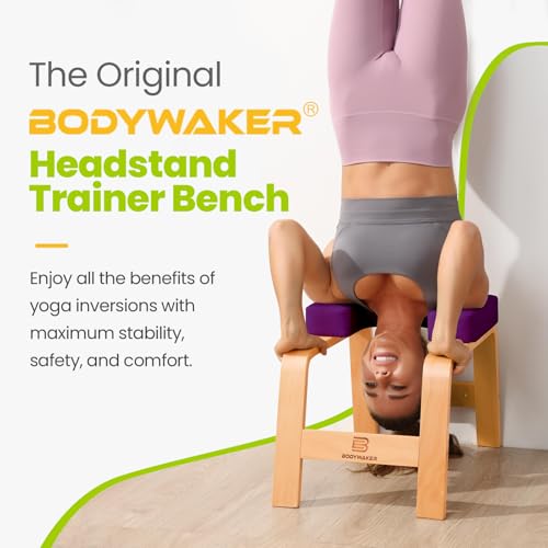 Image of Yoga Headstand Bench, Stand Yoga Chair for Balance Training, Core Strength Building, Upside Down Chair for Relaxation, Handstand Trainer Inversion Chair for Home Gym (Wood Purple)