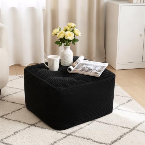 Image of Square Stuffed Pouf Ottoman, Corduroy Oversize Foot Rest,Black