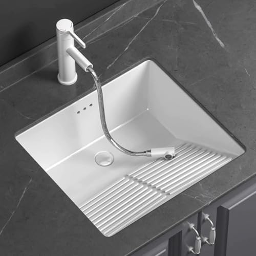 Undermount Ceramic Laundry Sink with Washboard & Faucet - Rectangular Vanity Sink for Bathroom, 47x47x22cm (18.5x18.5x8.7in) - Overflow Design, Ideal for Laundry & Lavatories