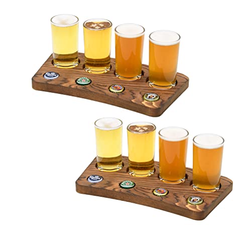 Owlgift Craft Beer Tasting Flight Rack, Glass Carriers & Bottle Cap Holder, Solid Brown Wood Beer Sampler Serving Tray – Set Of 2 #TOP7