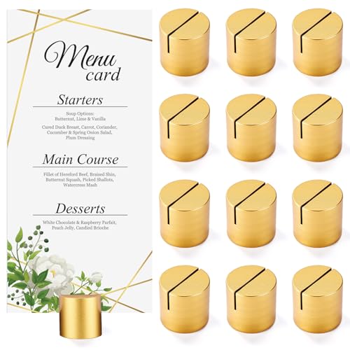 Image of Affrolling 12 Pcs Gold Place Card Holders Wooden Table Number Holders Bulk Mini Cylinder Table Stand for Name Cards Photo Picture Menu Tag Display Wedding Birthday Party Banquet Restaurant