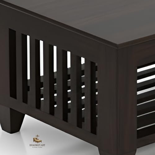 Image of Solid Sheesham Wood Coffee Table for Living Room | Wooden Rectangle Coffee /Tea Table with Storage |Center Table with Storage Teapoye for Home, Living Room, Balcony (Walnut Finish)