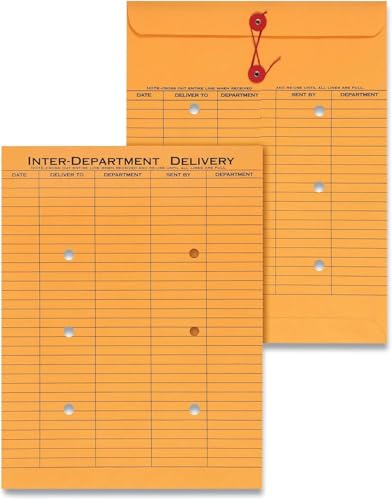 Inter-Office Envelopes, Inter-Department Envelopes, 10" x 13", String & Button Tie, Double Sidded, Brown Kraft – 5 Envelopes/Pack