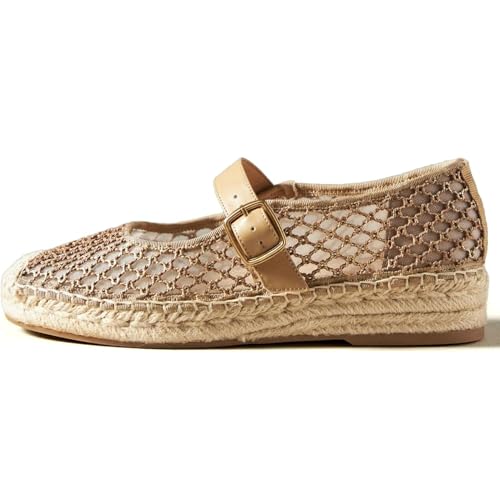 KysBloes Woven Platform Mary Janes Espadrille Flats for Women Wegde Mesh Ballet Flats Fishnet Buckle Strap Pumps Raffia Ballerina Shoes
