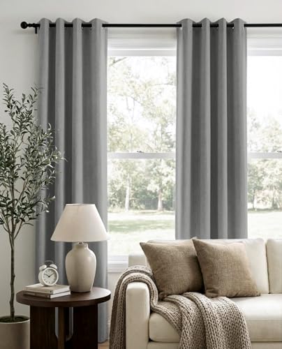 Image of 100% Blackout Shield Curtains, Grey, 2 Panels, 50''W x 108''L, Linen Textured Look, Thermal Insulated, Full Light Blackout, Grommet Top, Ideal for Living Room | 100% Blackout Shield Grommet Blackout Curtains for Bedroom, Thermal Insulated Drapes for Living Room, 50 inchW x 108 inchL, 2 Panels