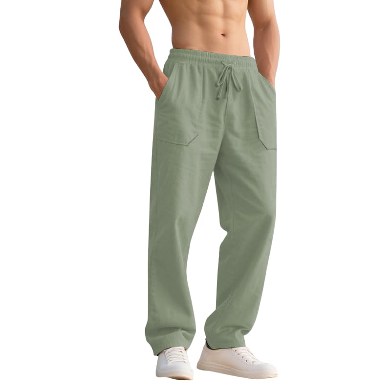 Elastic Waist Pants for Men Linen Drawstring Solid Running Yoga Straight Leg Trousers with Pockets