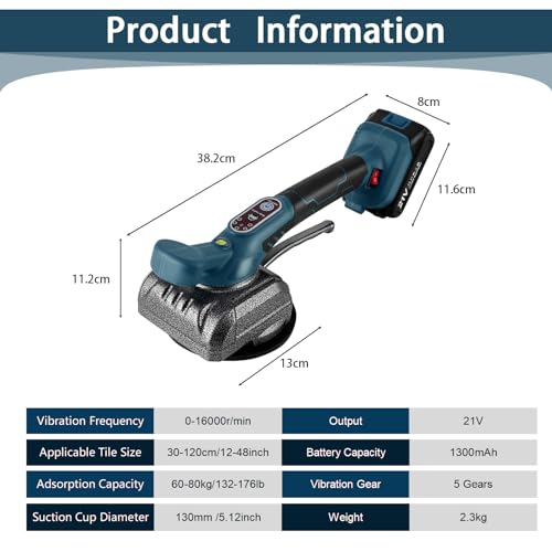Vibrator für Fliesen mit Akku EUWLY Fliesenfliesenmaschine mit 21 V Fliesenlegerwerkzeuge mit 5 Einstellbaren Gänge, 12cm Saugnapf und 80kg Adsorption zum Verlegen von 0,6-1m Fliesen
