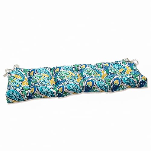 Pillow Perfect Paisley Indoor/Outdoor Sofa Setee Bench Swing Cushion with Ties, Tufted, Weather, and Fade Resistant, 18" x 56", Blue/Green Amalia,