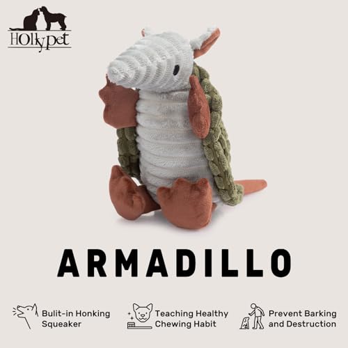 Image of Hollypet Plush Dog Squeaky Toy Stuffed Armadillo Animal Pet Puppy Chew Toys with Clean Teeth for Small Medium Large All Breed Sizes Dogs, Olive Green, 8 in