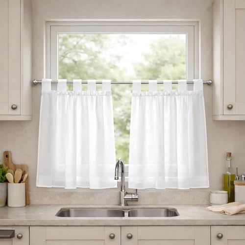 John Aird Lucy Voile Cafe Curtains - Tab Top - Pair Net Curtains - 2 Panels (White, W 28 x L 24)