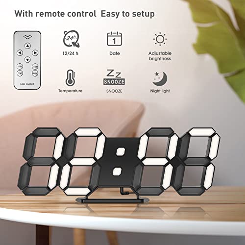 Msaff 3D Led Digital Alarm Clock 9.7" Auto Adjustable Brightness With Remote Control, Wall Clock For Bedroom Living Room, Night Light, 12/24H Display, Date Temperature, Looping Display -Black #TOP2