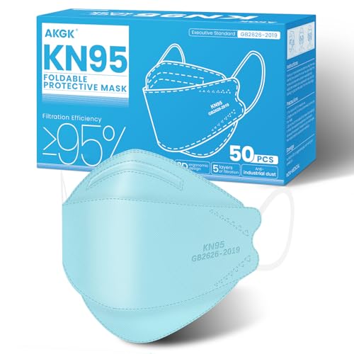 akgk KN95 Face Masks 50 Pack, 5-Ply Disposable Blue Face Mask Against PM 2.5 Smoke and Dust