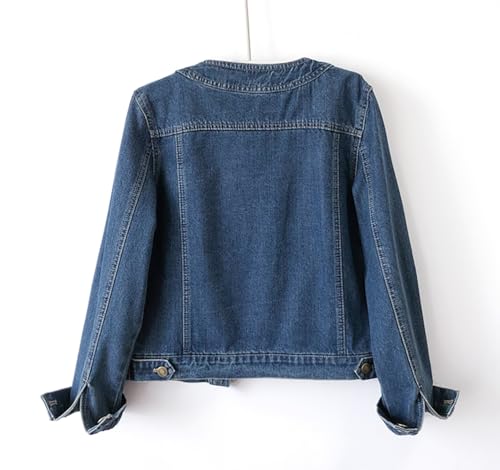 Women’s Collarless Long Sleeve Denim Jacket Round Neck Button Down Jean Jackets2