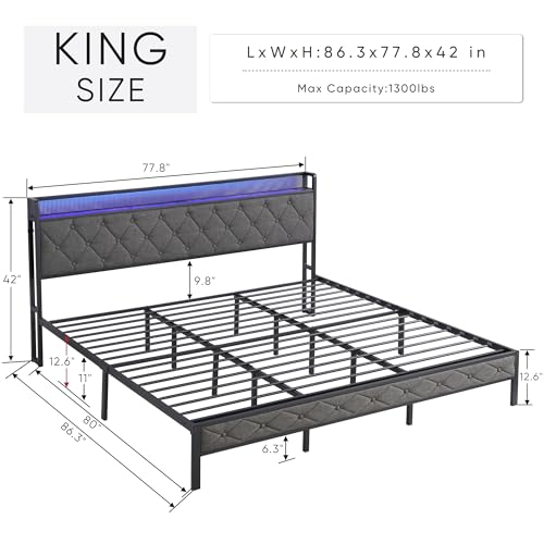 HOMIQUEEN King Size Bed Frame with LED Lights, Heavy Duty Metal Platform Bed with USB Charging Station, Light Up Bed Frame with Under Bed Storage - Thumbnail 3