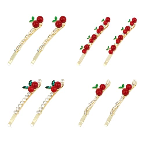 Wecoe Pinzas para el cabello metálicas con piedras de imitación de cereza, 8 piezas, accesorio para mujeres