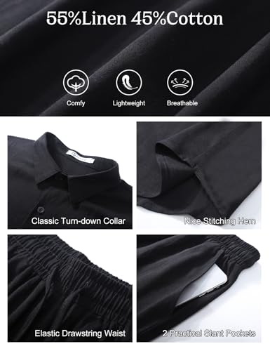 Flygo Mens Cotton Linen Shorts Sets 2 Piece Beach Outfit(Black-3XL)