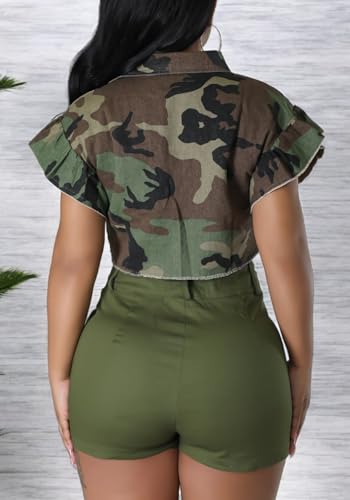 Vaceky Cropped Denim Jacket Women Distressed Camouflage Button Down Shirt Jean Jackets3
