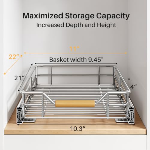 Image of Pull out Cabinet Organizer, 11 inchW X 21 inchD, Heavy Duty Smooth Sliding Under Cabinet Shelves for Pots and Pans, Full-Extension Roll out Drawers, Slide out Organization for Home Kitchen Pantry